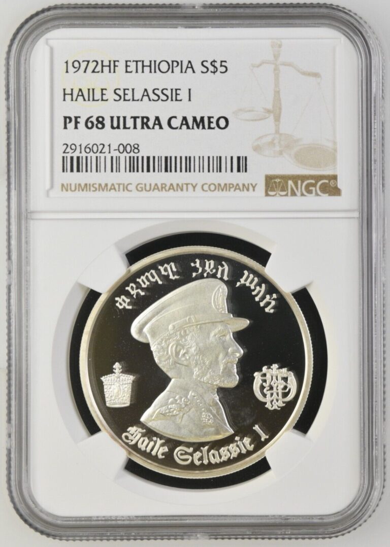 Read more about the article 1972 Ethiopia 5 Dollars Silver Proof NGC PF68 Ultra Cameo Haile Selassie and Lion