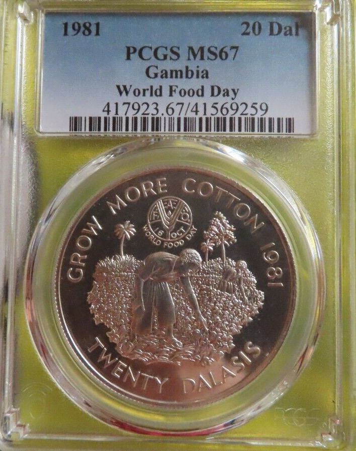 Read more about the article Gambia 20 Dalasis 1981 FAO World Food Day Silver  PCGS MS67 grow more cotton