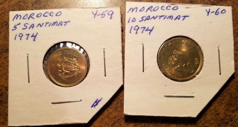 Read more about the article MOROCCO LOT OF 2 COINS: 5 + 10 SANTIMAT AH1394 1974 (F.A.O.) BOTH GEM BU!