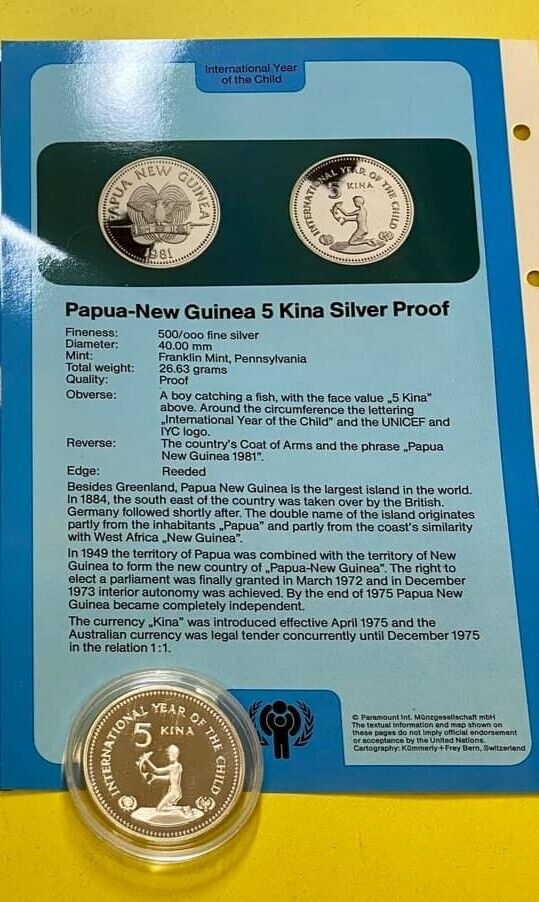 Read more about the article Papua New Guinea 5 Kina 1981 Year of the Child Silver Coin COA Good For Grade