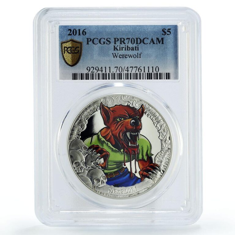 Read more about the article Kiribati 5 dollars Crypt Werewolf Wolfman PR70 PCGS colored silver coin 2016