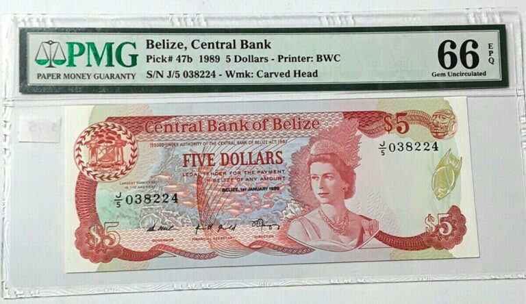 Read more about the article RARE Belize $5 1989 P-47b Central Bank BWC PMG 66 EPQ Gem UNC 0199