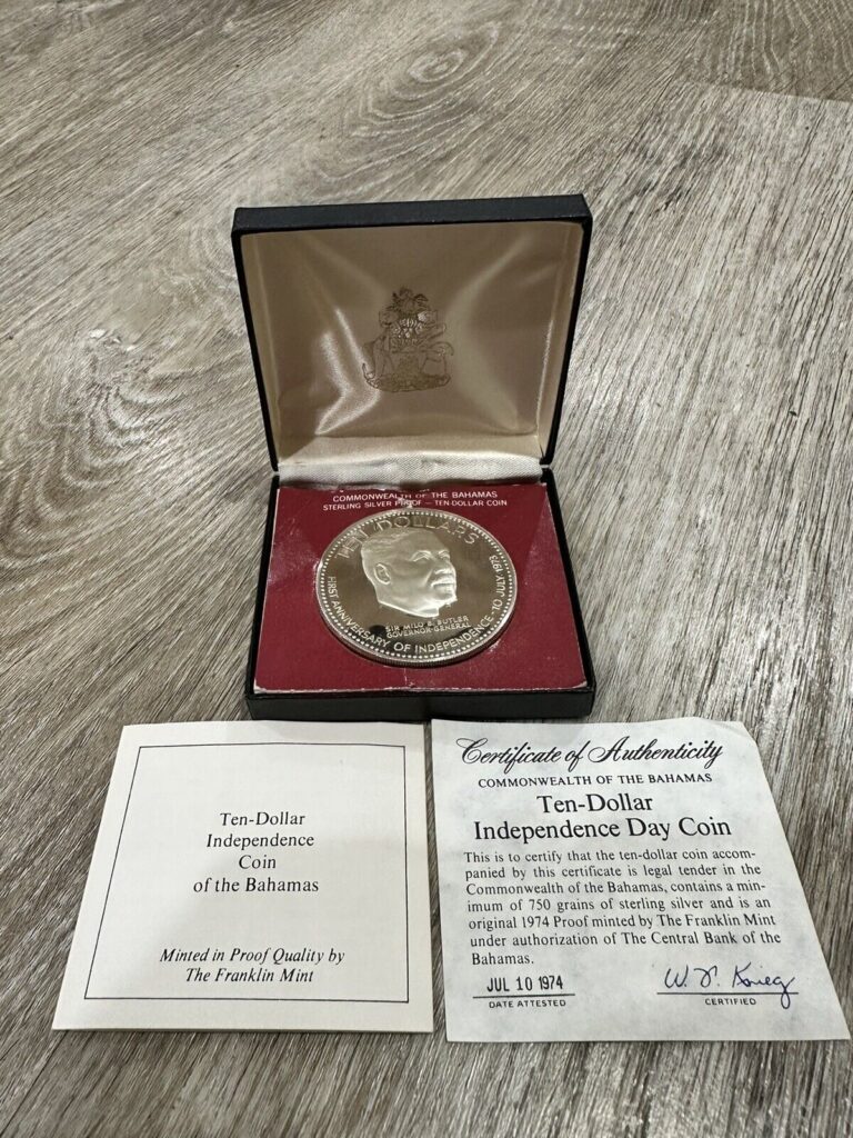Read more about the article Bahamas First anniversary of independence $10 1974 Frosted Proof Silver Crown