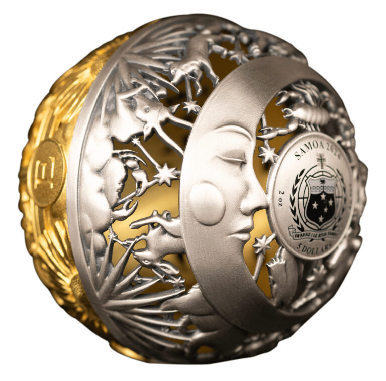 Read more about the article 2024 Samoa Filigree Sun and Moon 2 oz Silver Antiqued Gilded Spherical Coin