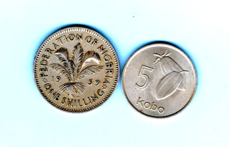 Read more about the article NIGERIA – TWO BEAUTIFUL HISTORICAL COINS: 1959  SHILLING  and  1973  5 KOBO