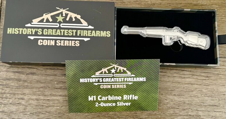 Read more about the article 2024 M1 Carbine Rifle Shaped Coin 2oz 10 000 CFA Francs Fine Silver Antique Chad