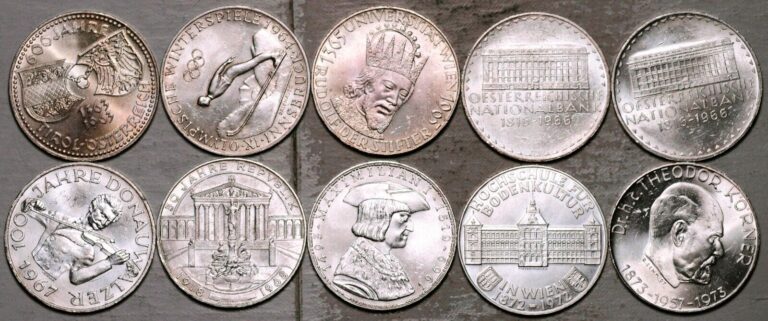 Read more about the article AUSTRIA LOT OF 10 COINS 50 SCHILLING 1963-1973 (UNC-BU) SILVER=5.787 TROY OZ ASW