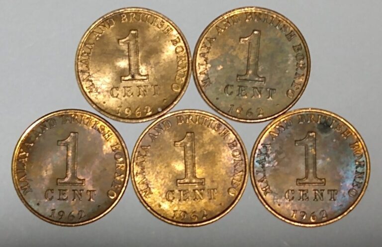 Read more about the article 1962 MALAYA BORNEO 1 CENT BRONZE (5 COINS) BRITISH MALAYSIA some staining