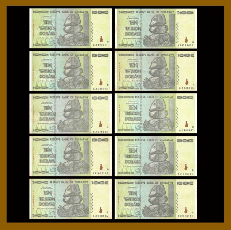 Read more about the article 10 x ZIMBABWE 10 Trillion Dollar AA Circulated Used 2008  100 % Authentic COA