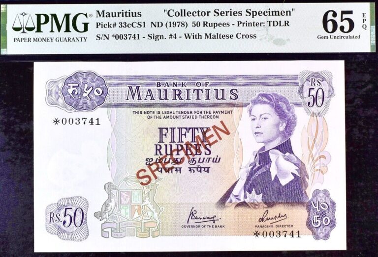 Read more about the article Mauritius 50 Rupees Pick# 33cCS1 ND (1978) Specimen PMG 65 EPQ Gem Unc Banknote