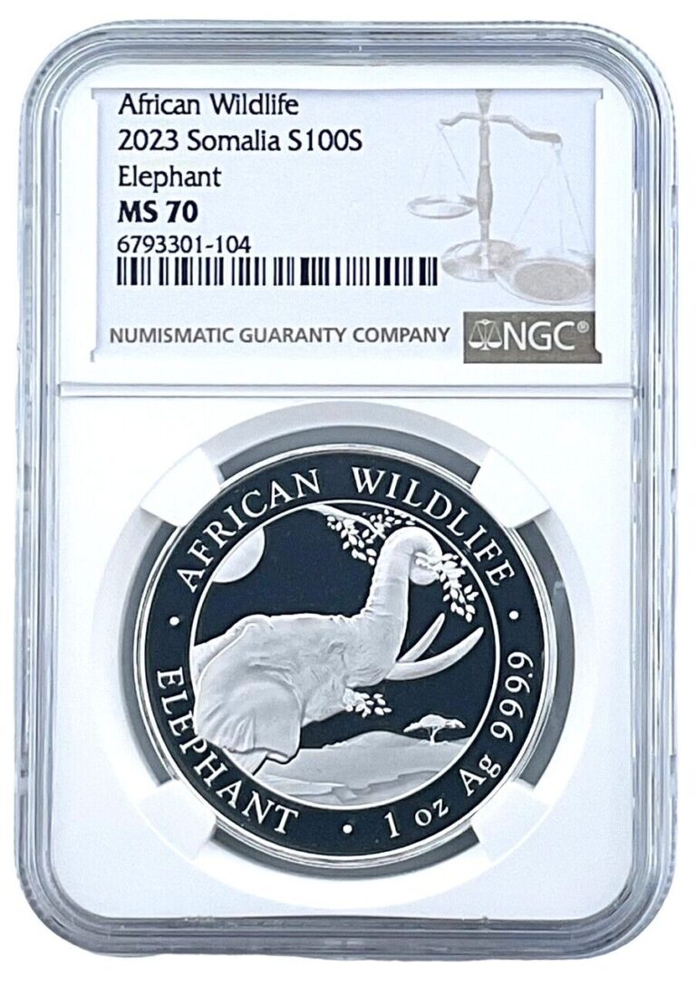 Read more about the article 2023 Somalia 1oz Silver Elephant 100 Shillings Coin NGC MS70 Brown Label POP 107