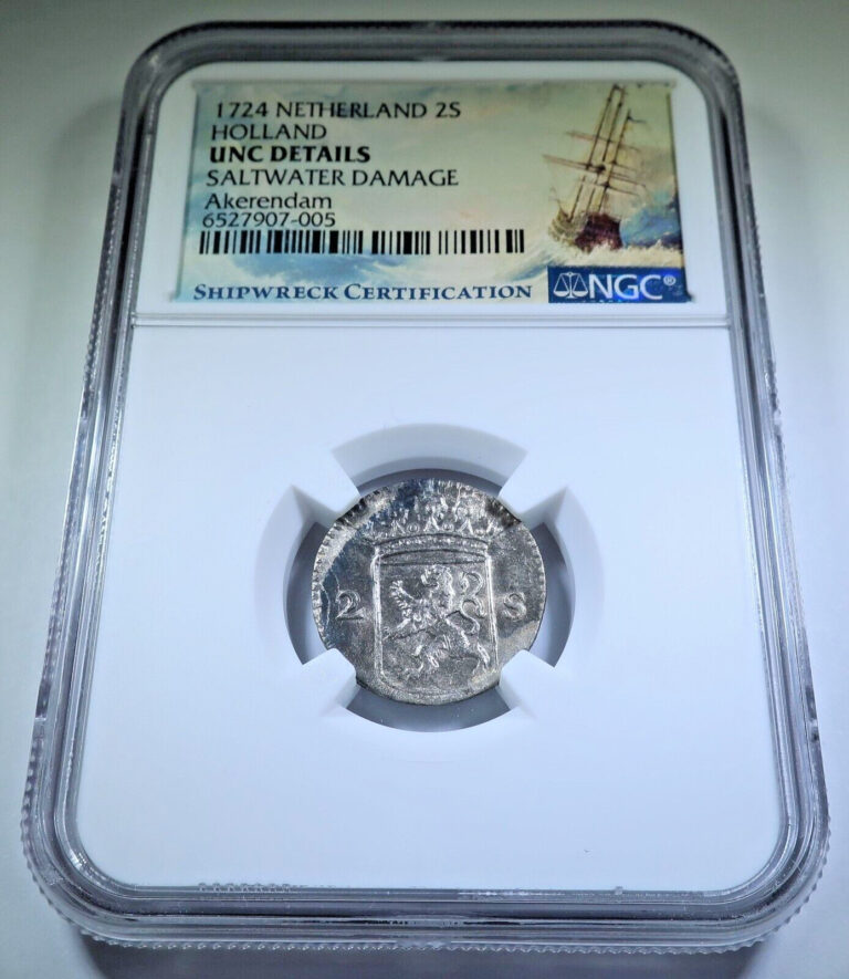 Read more about the article NGC UNC 1724 Akerendam Shipwreck 2 Stuivers Silver Dutch Pirate Treasure BU Coin