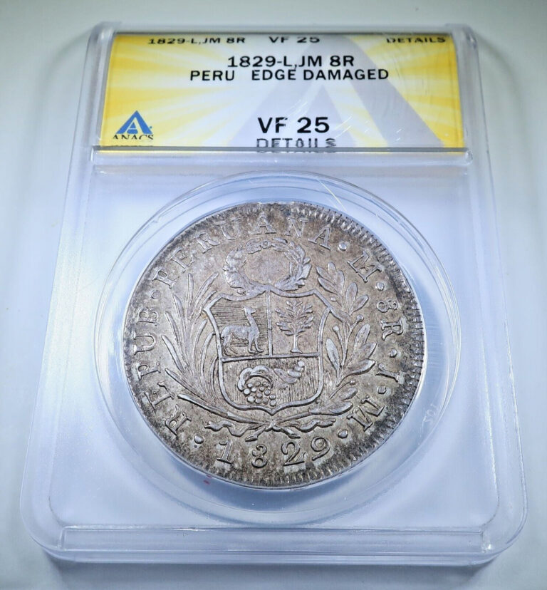 Read more about the article 1829 L-JM Peru Silver 8 Reales Genuine Antique 1800’s ANACS VF Coin