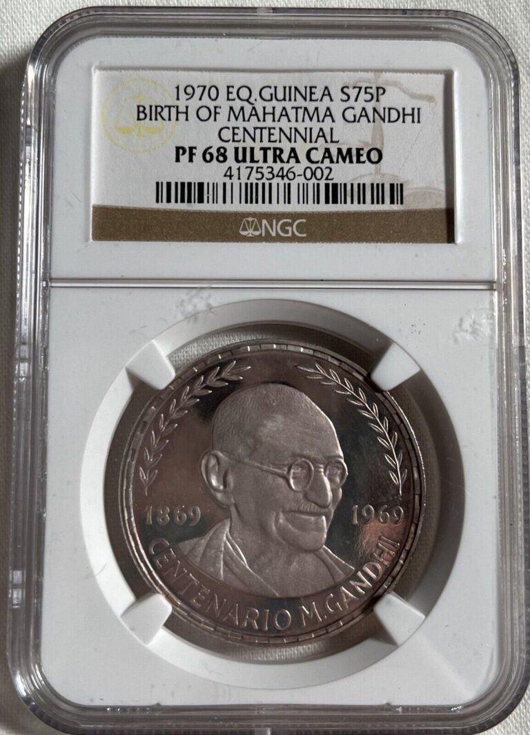 Read more about the article 1970 75 Pesetas Equatorial Guinea Silver Coin Mahatma Ghandi NGC PF68 U Cameo