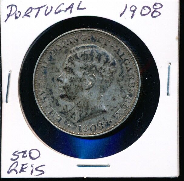 Read more about the article PORTUGAL -500 REOS – SILVER – 1908 TONED XF – #9889