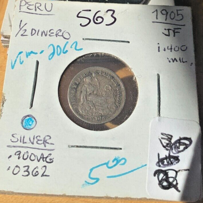 Read more about the article 1905 JF Peru Silver 1/2 Dinero  Fine Details.  KM #206.2.  Coin #563