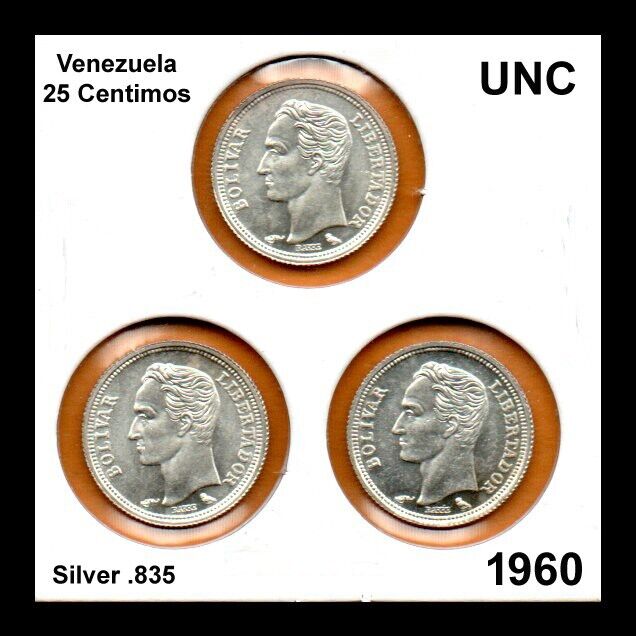 Read more about the article Venezuela  UNC Lot 3 Coins 1/4 Bolivar 25 Centimos  1960 Silver 835 Low Shipping