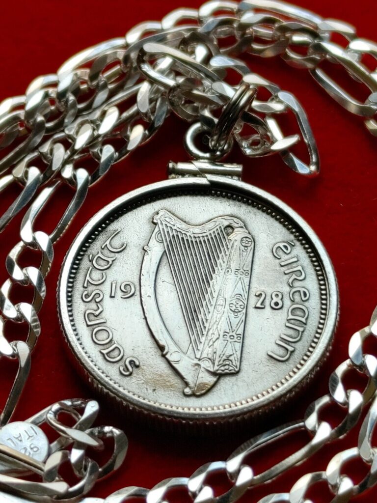 Read more about the article Superb 1928 IRELAND SIXPENCE COIN PENDANT 20″ ITALIAN SILVER CHAIN W COA and BOX