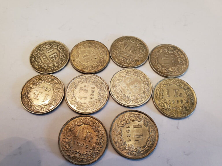Read more about the article SWITZERLAND  LOT OF (10) 1 Franc silver coins
