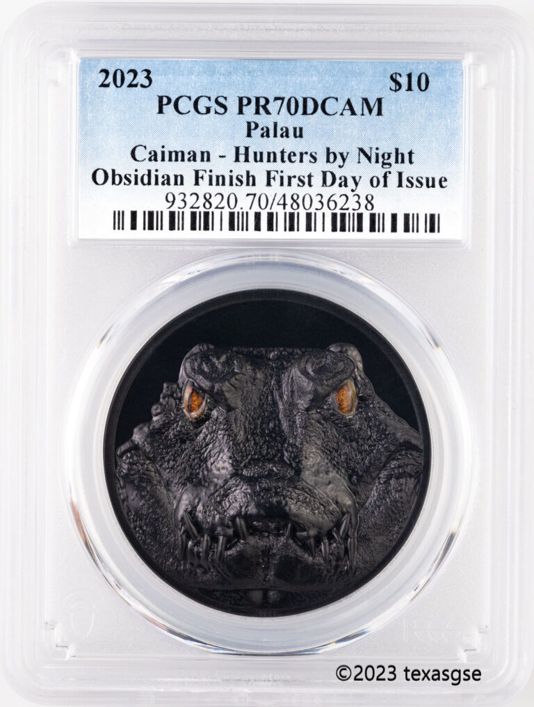 Read more about the article 2023 Palau $10 Hunters By Night Caiman Obsidian Black Silver PCGS PR70