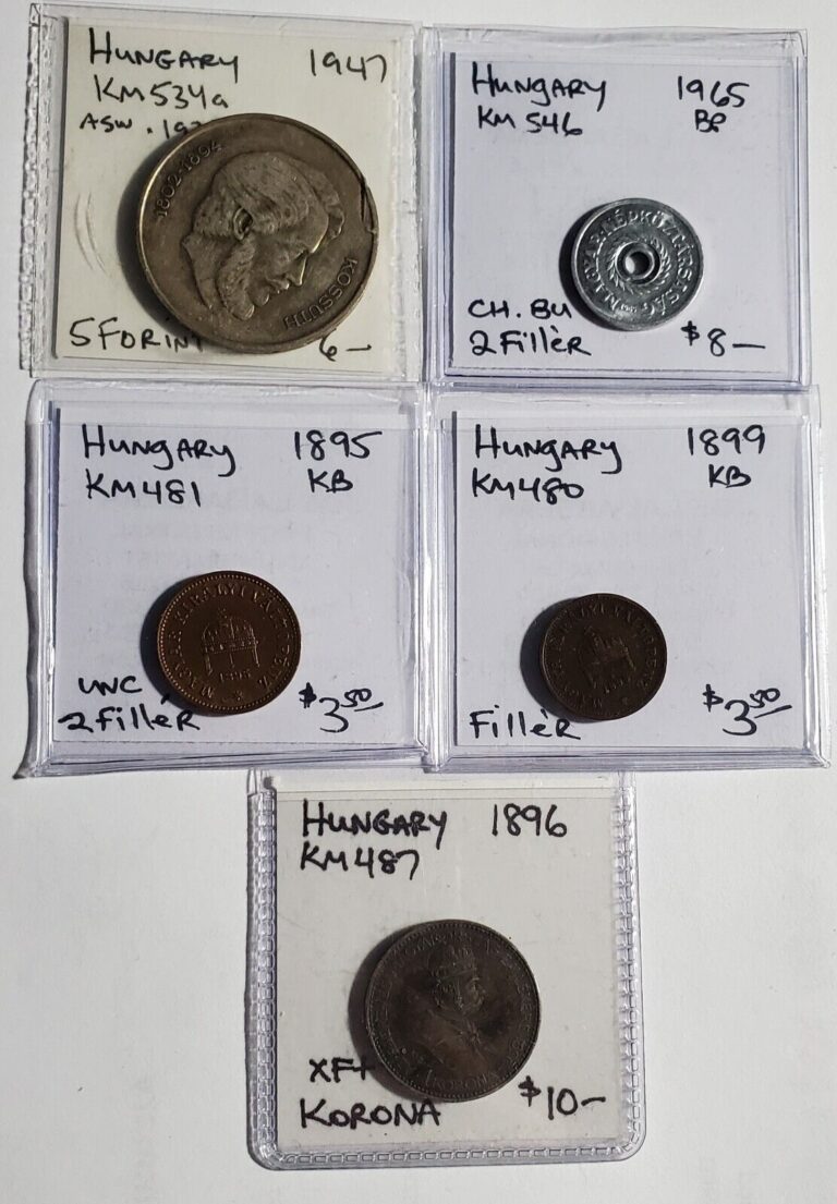 Read more about the article Hungary 5pc Lot Of Coins Including Silver 1896 Korona  1947 5 Forint