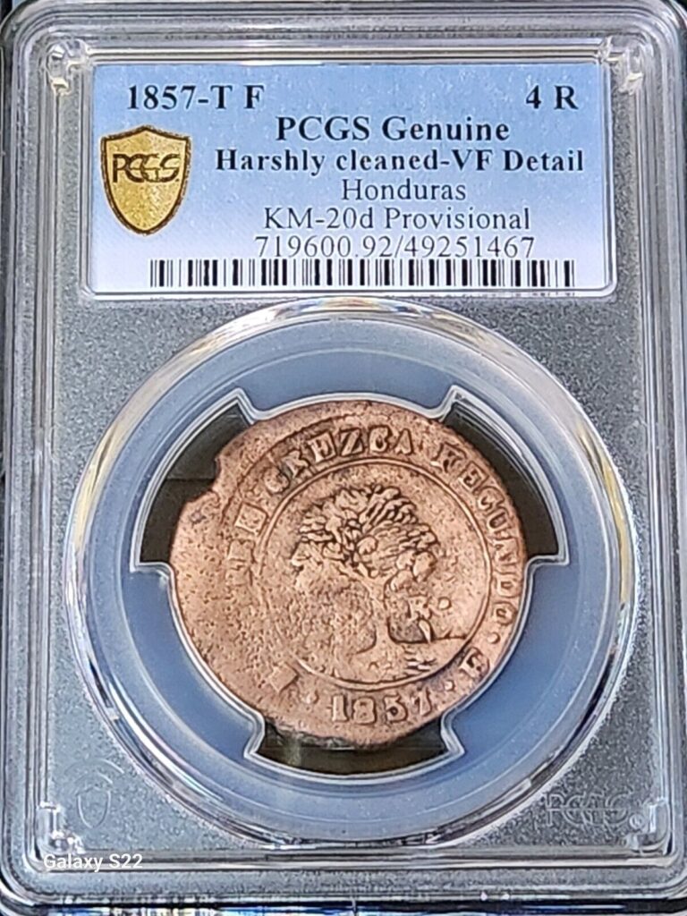 Read more about the article 1857-T F HONDURAS 4 REAL CU PCGS VF DETAIL RARE HAND CUT DIES PROVISIONAL POP 1