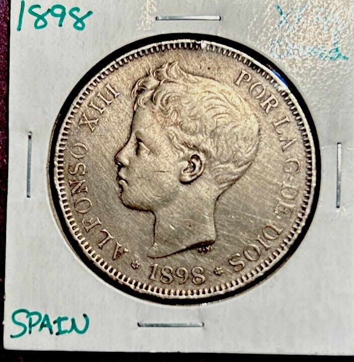 Read more about the article 1898 Spanish Silver 5 Pesetas Large 90% Silver Coin
