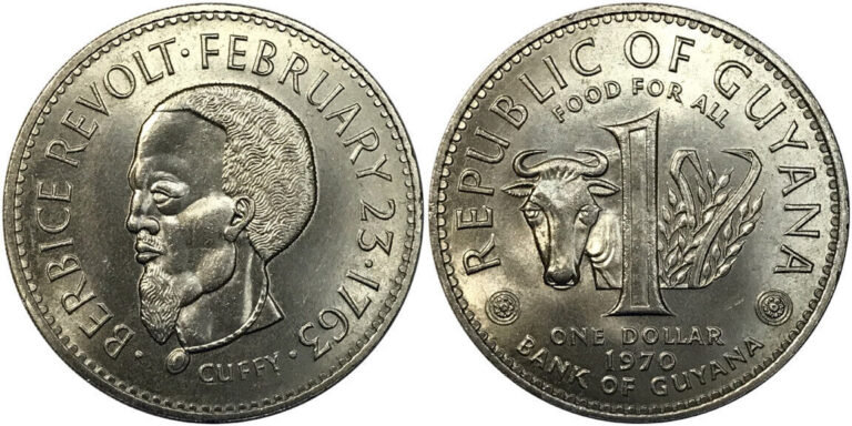 Read more about the article Guyana 1 Dollar 1970 -GEM BU BEAUTY- FAO – Cuffy Slave Revolt – Cow – LARGE COIN