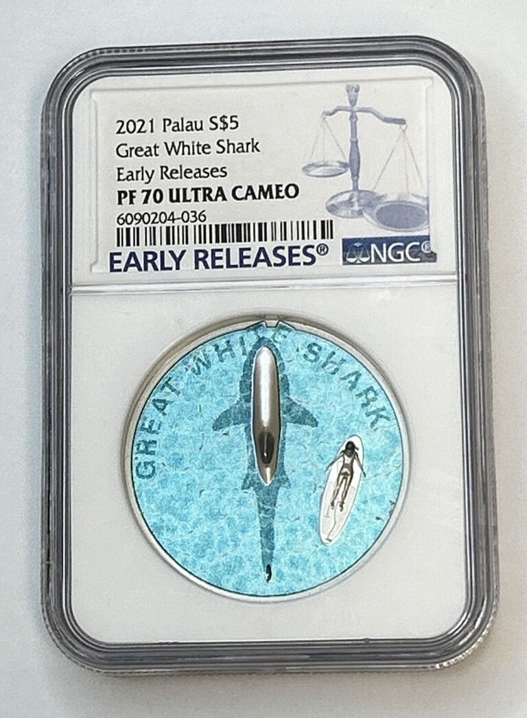 Read more about the article 2021 PALAU $5  1oz SILVER GREAT WHITE SHARK PF70 Ultra Cameo Early Releases