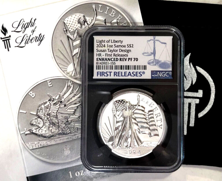 Read more about the article 2024 Samoa $2 LIGHT OF LIBERTY 1 Oz Silver High Relief  NGC Enhanced Rev PF70 FR