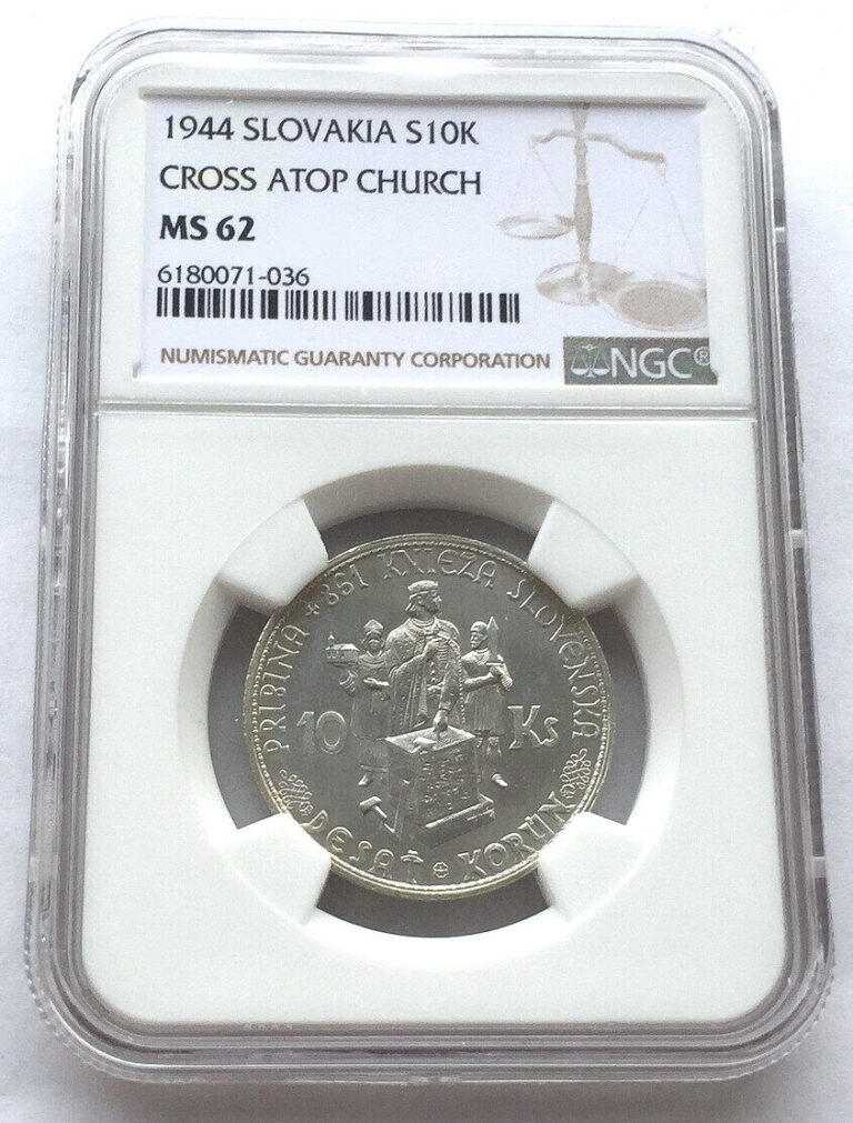 Read more about the article Slovakia 1944 Cross Atop Church 10 Korun NGC MS62 Silver Coin UNC