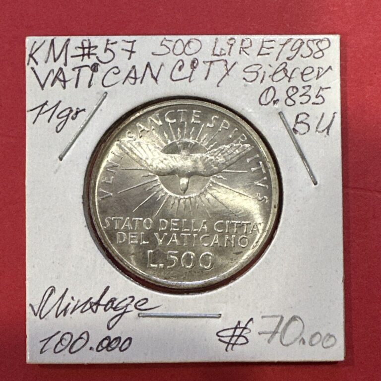 Read more about the article VATICAN CITY 500 Lira 1958 -29.3mm Silver Coin  .835 Brilliant Only 100k Minted!