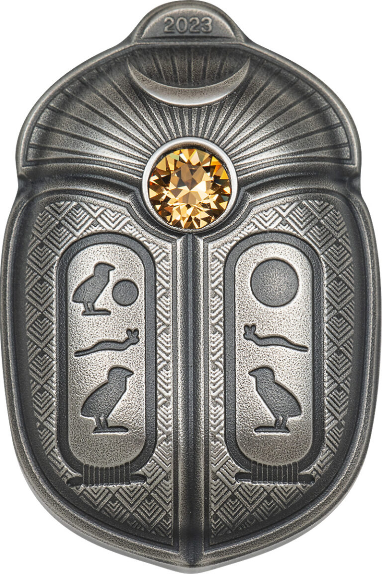 Read more about the article 2023 Palau Scarab Cheops 1oz Silver Antiqued Shaped Coin