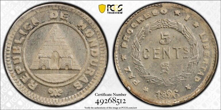 Read more about the article 1896/86 Honduras 5 Centavos Coin PCGS MS63 Pop/top 1/2 Low Mintage RARE