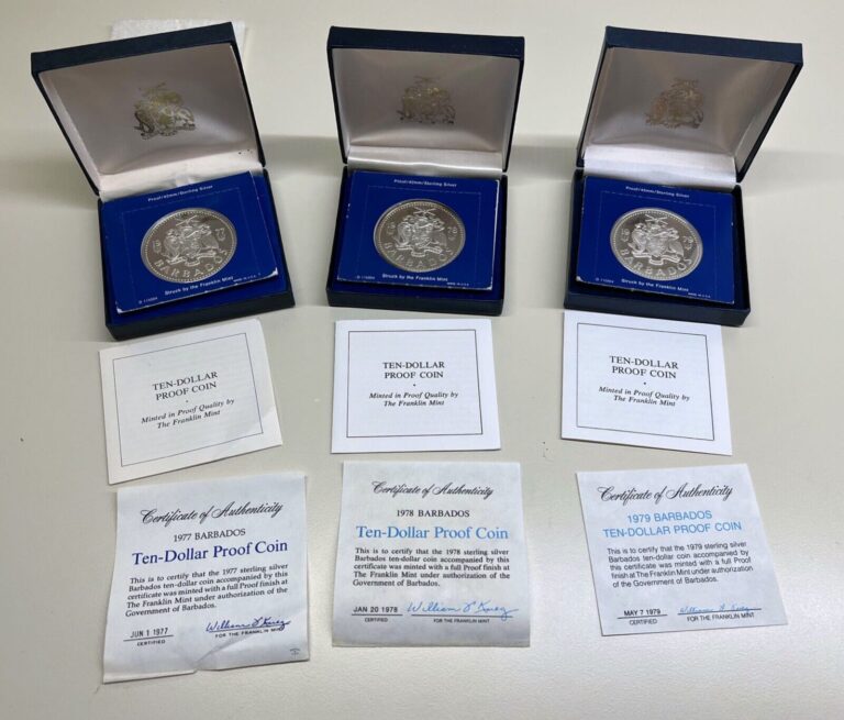 Read more about the article Barbados coin lot: three $10 silver proof coins (1977  1978  1979)