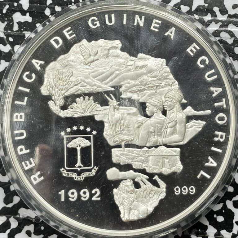 Read more about the article 1992 Equatorial Guinea 7000 Francs 16.39 Oz Lot#OV522 Silver! 1700 Minted  Lions