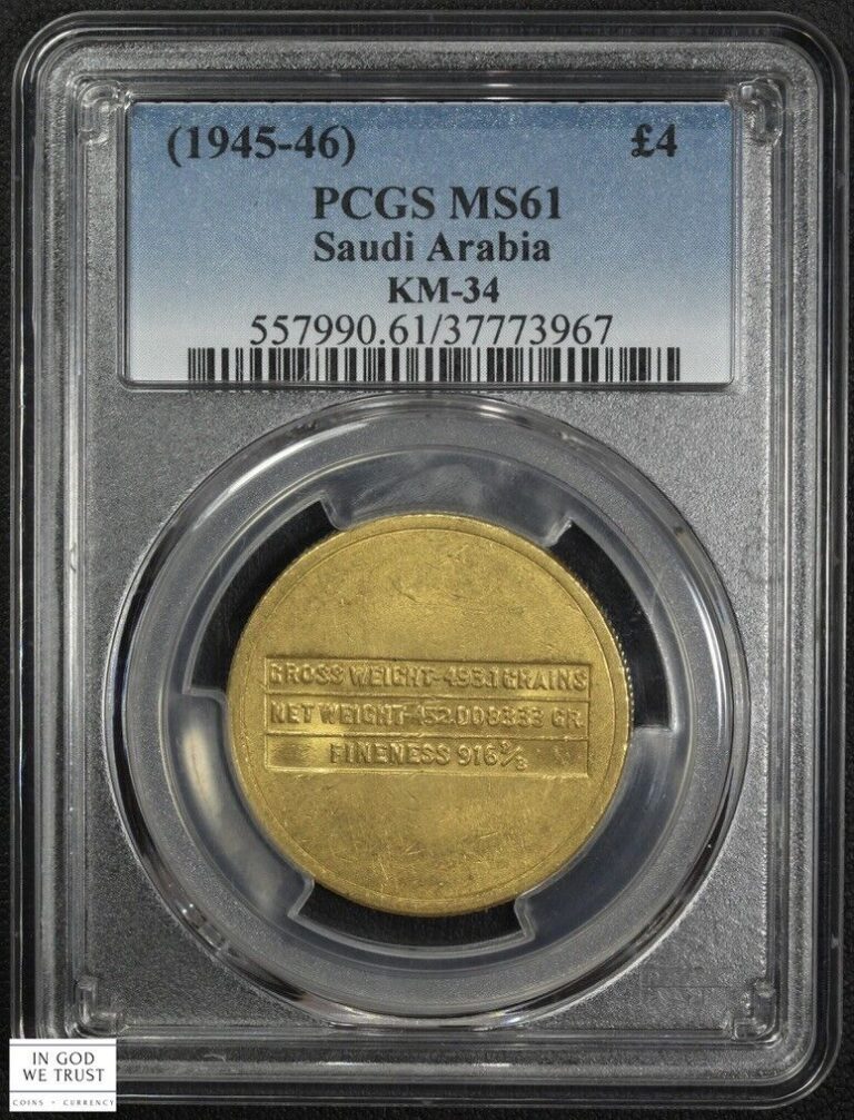 Read more about the article 1945-46 Saudi Arabia KM-34 Four Pound Gold Piece Philadelphia Mint £4 PCGS MS 61