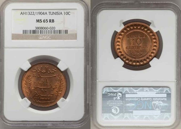 Read more about the article Beautiful 1904A Tunisia Bronze Coin 10 Centimes Muhammad al-Hadi Bey NGC MS 65RB