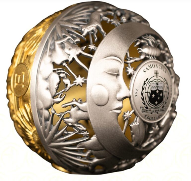 Read more about the article 2024 Samoa Filigree Sun and Moon 2 oz Silver Antiqued Gilded Spherical Coin