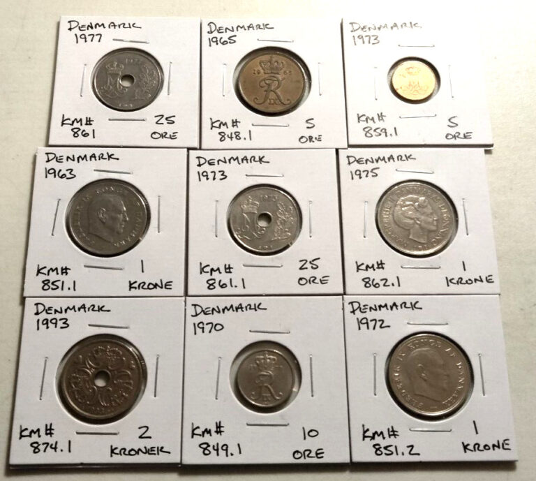 Read more about the article Denmark  Coin Lot – (9 Coins)  -All are in 2 X 2’s –  See Photos  (Lot#710)