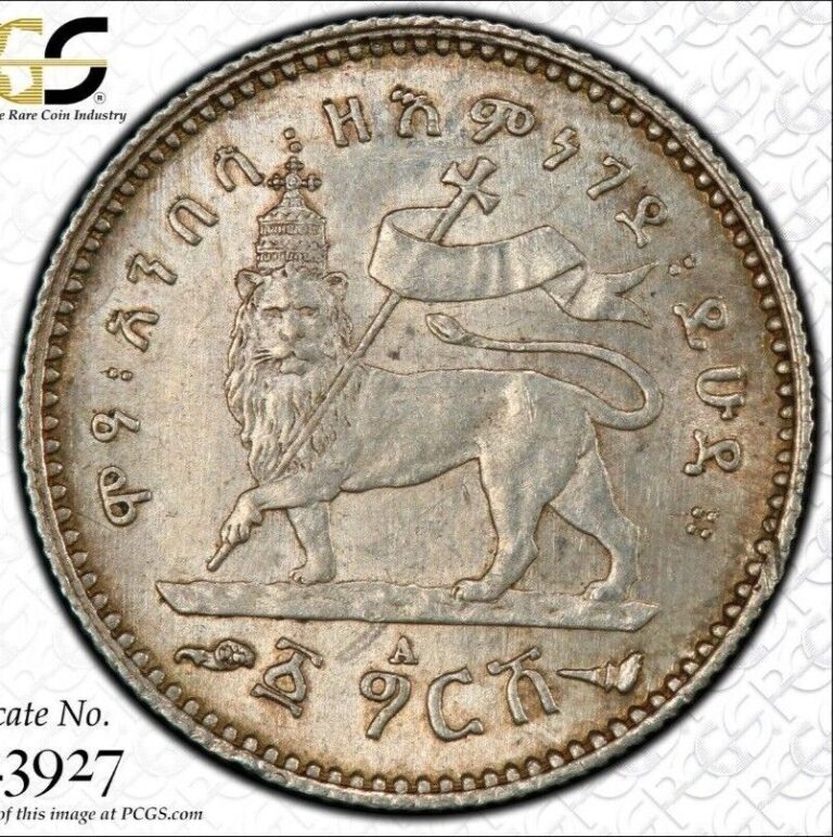 Read more about the article Ethiopia  Menelik II  Gersh EE1891-A (1899) Silver  Paris Mint  PCGS MS62  KM-12