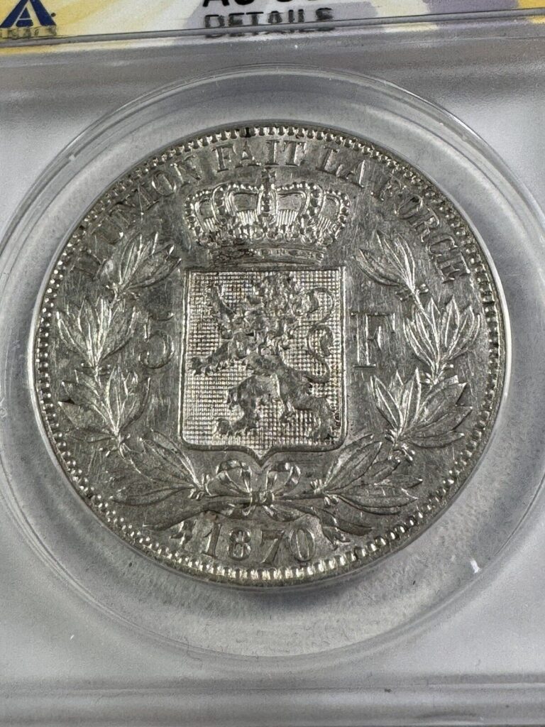 Read more about the article 1870 Belgium 5 Francs Large Silver Coin Graded AU 55 Details Cleaned by ANACS