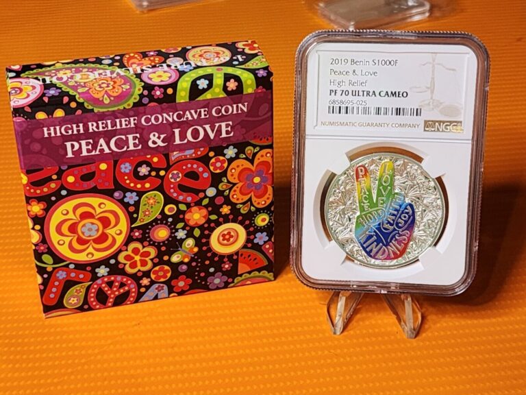 Read more about the article 2019 Benin NGC PF70 Ultra Cameo Peace and Love 1 oz Silver Proof Coin colorized.