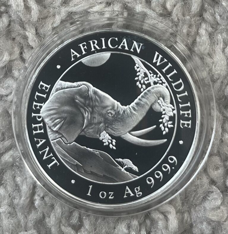 Read more about the article 2023 Somalia Elephant African Wildlife 1 oz .9999 Fine Silver Coin BU