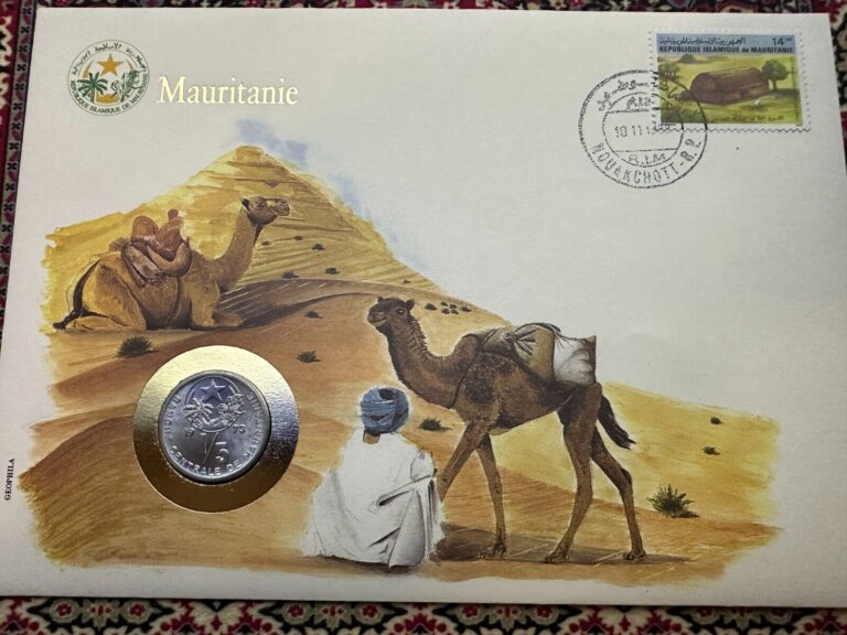 Read more about the article 1973 Mauritania 1/5 Ouguiya  BU Coin and Stamp envelope RARE UN #XX118