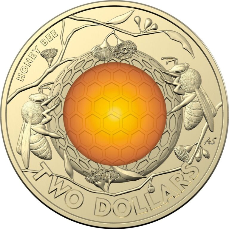 Read more about the article 🐝🔥 Honey Bee $2 Two Dollar Coloured Coin Queen Australia 2022 Rare CIRC 🔥🐝