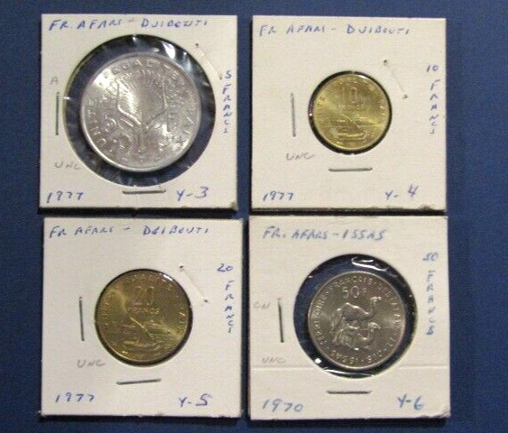 Read more about the article French Afars-Djibouti 1970 50 Francs 1977 5 10 20 Francs unc 4 Coins Set