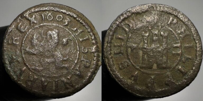 Read more about the article 1603 T Spain 2 Maravedis Bronze Coin Circulated Toledo Philip III
