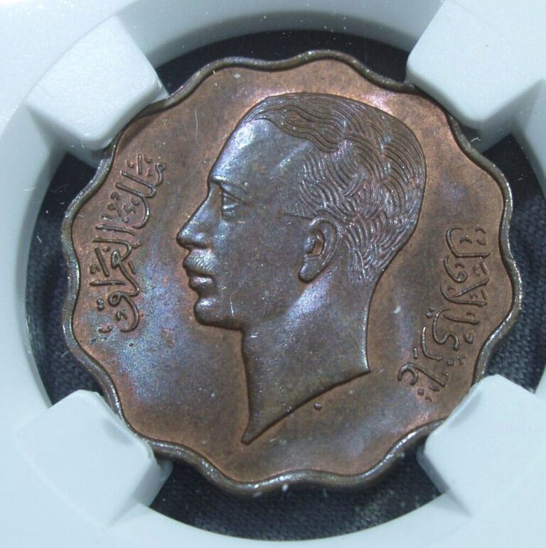 Read more about the article (AH1357) 1938 Iraq 10 Fils.  Bronze.  NGC MS 64 BN