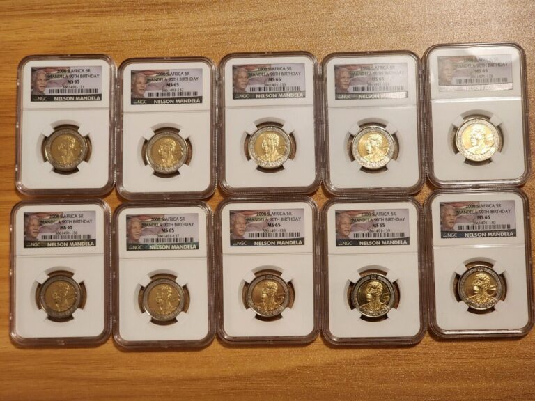 Read more about the article Lot (10) 2008 South Africa 5 Rand 5R Nelson Mandela 90th Birthday Coin NGC MS65